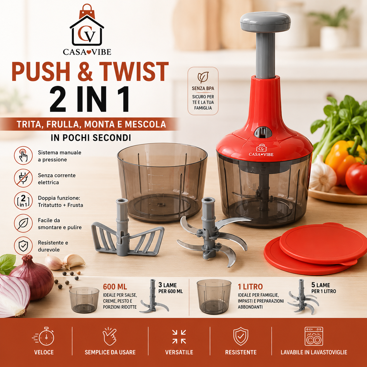 PUSH & TWIST 2 IN 1 Tritatutto Manuale e Frusta Multifunzione / 5 Lame Inox / 1L + 600 ml con Tappi Ermetici