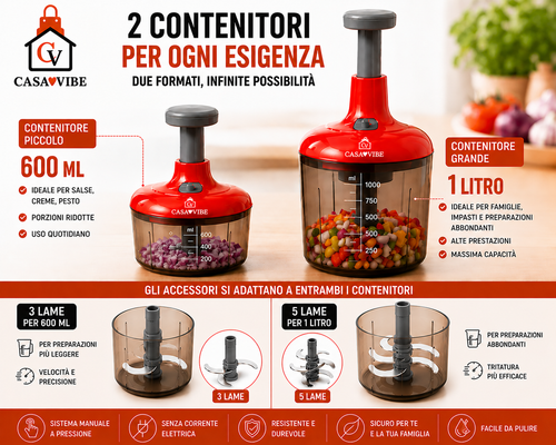 PUSH & TWIST 2 IN 1 Tritatutto Manuale e Frusta Multifunzione / 5 Lame Inox / 1L + 600 ml con Tappi Ermetici