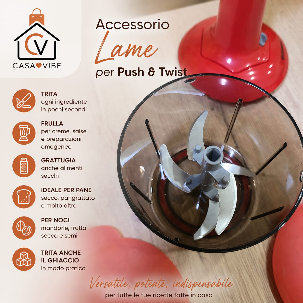 PUSH & TWIST 2 IN 1 Tritatutto Manuale e Frusta Multifunzione / 5 Lame Inox / 1L + 600 ml con Tappi Ermetici