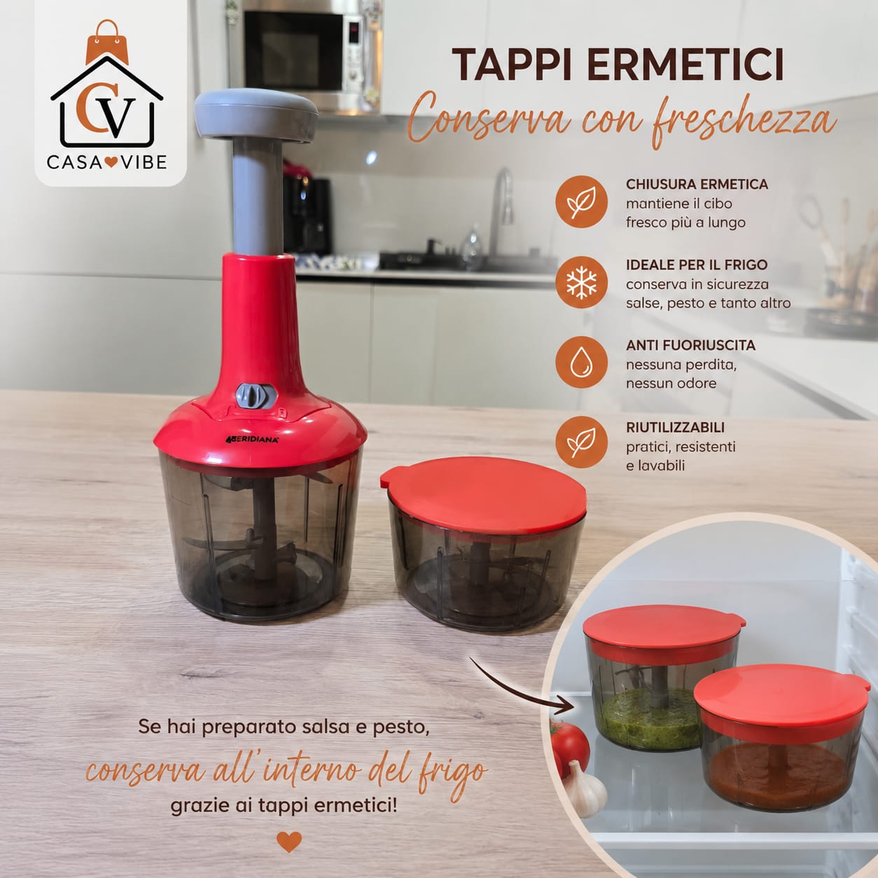 PUSH & TWIST 2 IN 1 Tritatutto Manuale e Frusta Multifunzione / 5 Lame Inox / 1L + 600 ml con Tappi Ermetici